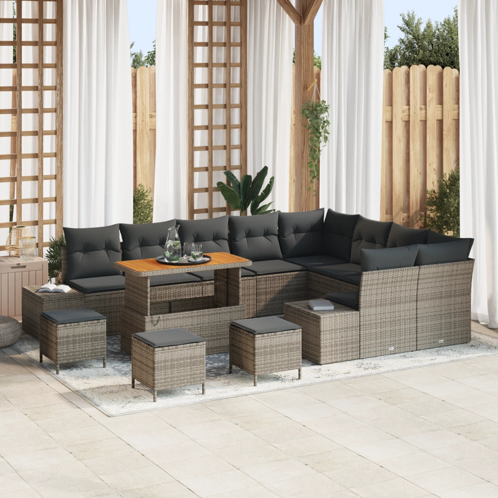 Set Divano da Giardino da 13 Pezzi con Cuscini Grigio Polyrattan Acacia