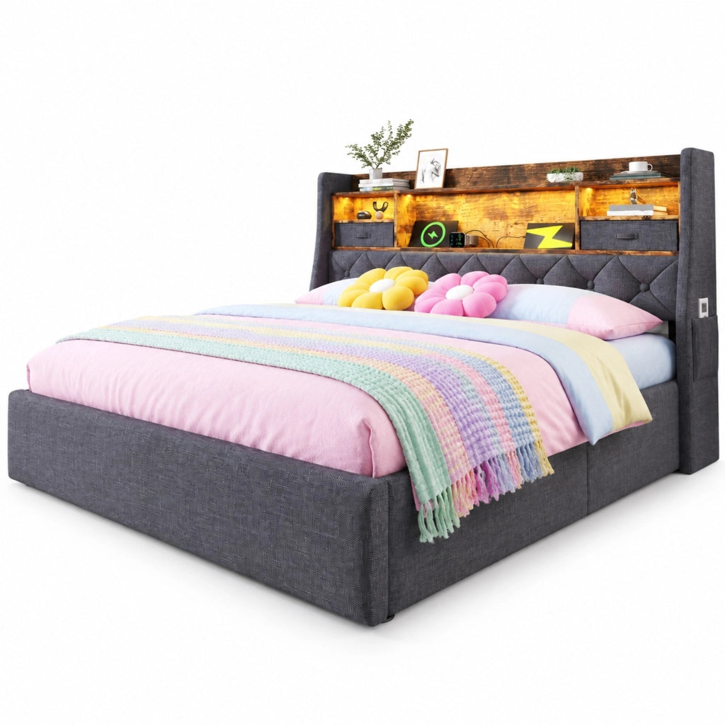 Letto matrimoniale contenitore 160 × 200 cm con LED; USB e Type-C; lino grigio