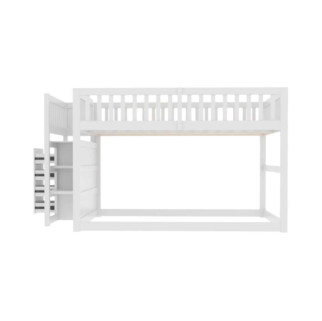 Letto a castello basso modulare 140 x 200 cm bianco con scala contenitore