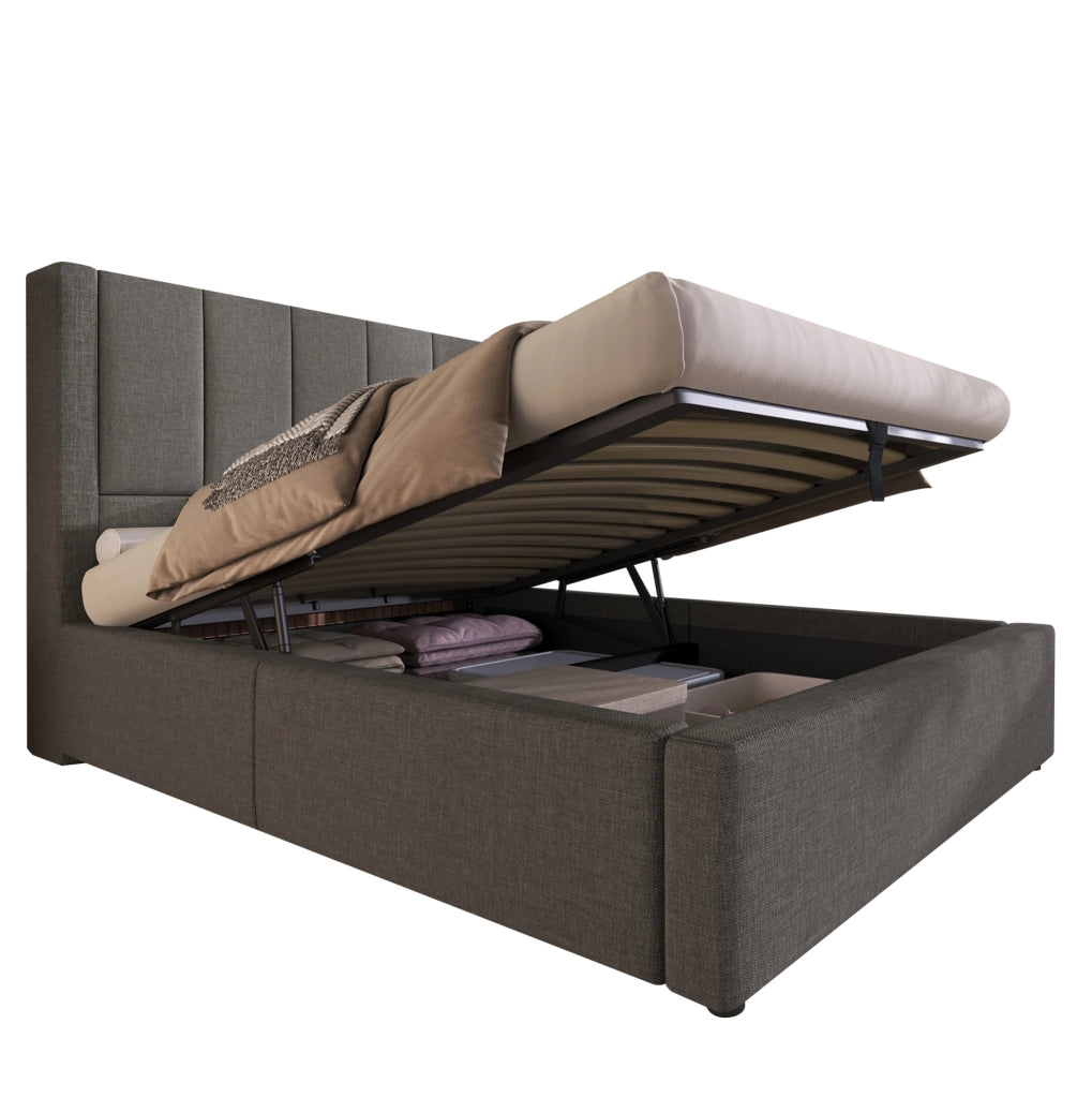 Letto imbottito grigio 90x200 cm con materasso, ricarica USB-C e vano contenitore