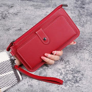 Portafoglio in pelle per donna stile lungo con chiusura a cerniera multifunzionale con chiusura a molla e maniglia, colore vino, 1 pezzo, dimensioni 20,5 x 11,5 x 0,8 CM