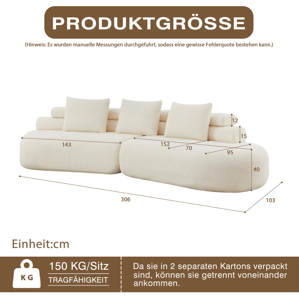 Divano modulare a due moduli curvi segmentati senza braccioli con 3 cuscini schienale per salotto in ciniglia beige