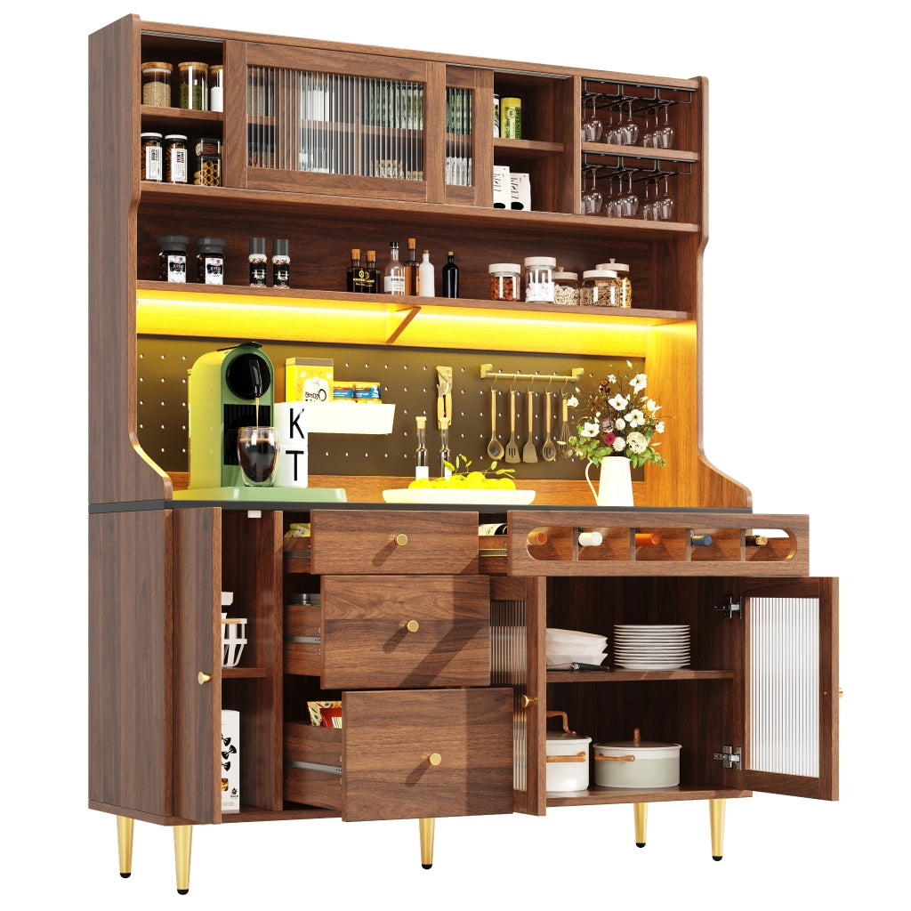 Armadio Alto Soggiorno con Cassetti, Ripiani e LED ¨C MINIMAL ¨C Noce 145x39x171