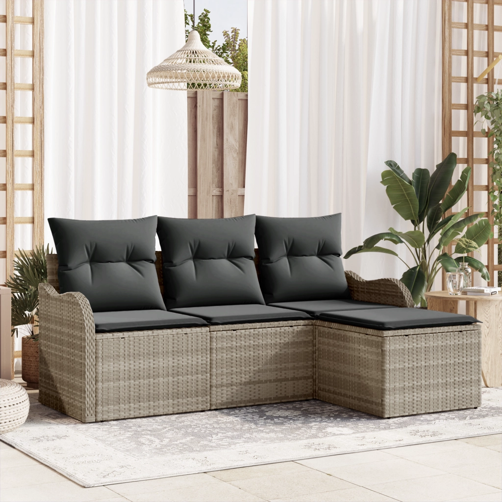 Set divani giardino 4 pezzi con cuscini grigio chiaro in polyrattan