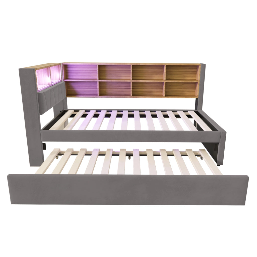 OKWISH Letto Divano 90×200 cm, Letto Singolo con Letto Estraibile 90×190 cm, LED, USB e Tipo C, senza Materasso, Flanella, Grigio Scuro