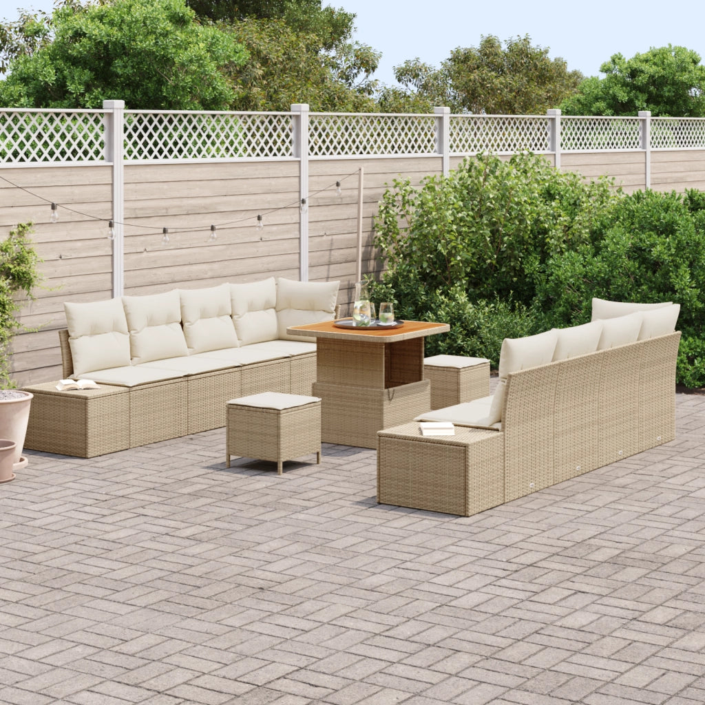 Set di Divano da Giardino 11 Pezzi con Cuscini Beige Polyrattan Acacia