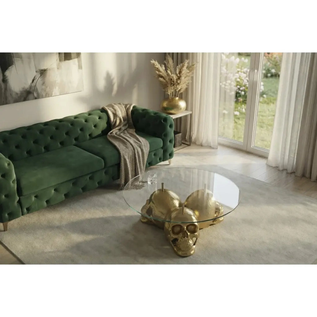 Tavolino basso CRANY rotondo 90 cm in alluminio dorato e vetro temperato stile barocco