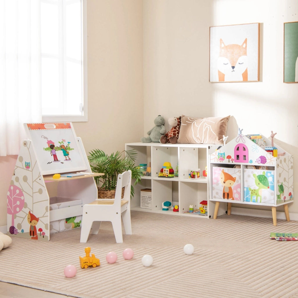 Libreria a forma di casa per bambini-Scaffale libreria in legno con 2 contenitori rimovibili gambe in legno massello Bianco