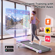 Tapis roulant ULEVR 3,5 HP 1-8 km/h, inclinazione automatica 15%, 12 programmi, Bluetooth, viola