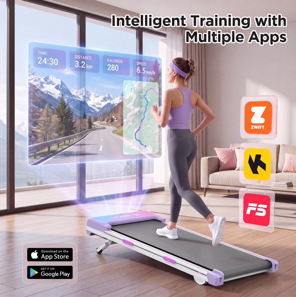 Tapis roulant ULEVR 3,5 HP 1-8 km/h, inclinazione automatica 15%, 12 programmi, Bluetooth, viola