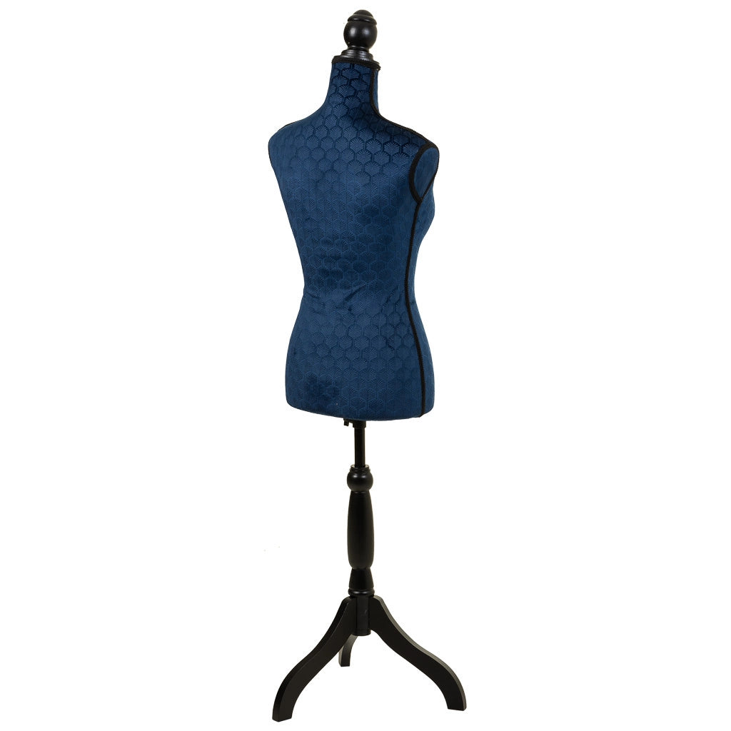 Manichino in legno e schiuma rivestito in tessuto blu 24x37,5x168h
