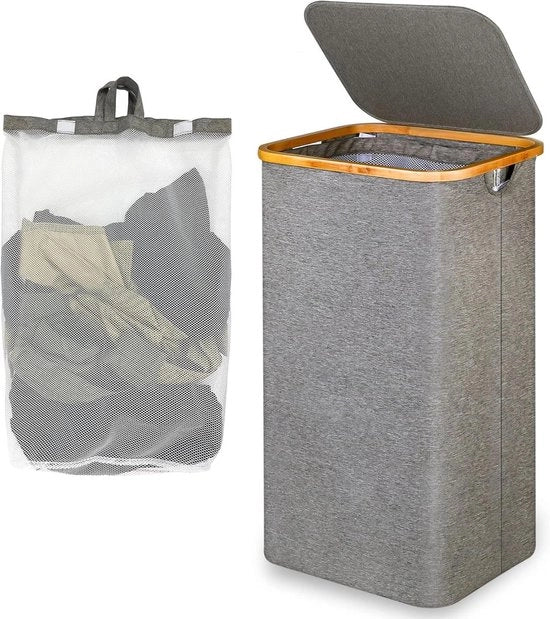 Cestino per Lavanderia Grande con Coperchio - 100 Litri, Maniglie in Bambù, Ripiegabile XXL