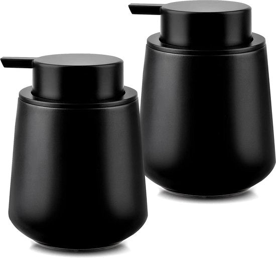 Dispensatore di sapone, nero, 350 ml, dispensatore di sapone ceramico con pompa ampia, dispensatore di sapone liquido, mattonato nero con etichetta impermeabile, set moderno da riempire per la doccia - 2 pezzi