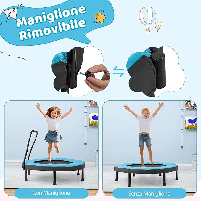 Trampolino Elastico per Bambini, Tappeto Elastico da Interno ed Esterno con Manubrio in Schiuma e Cuscino di Sicurezza, Ideale per Bambini 3-6 Anni, Portata 100 kg
