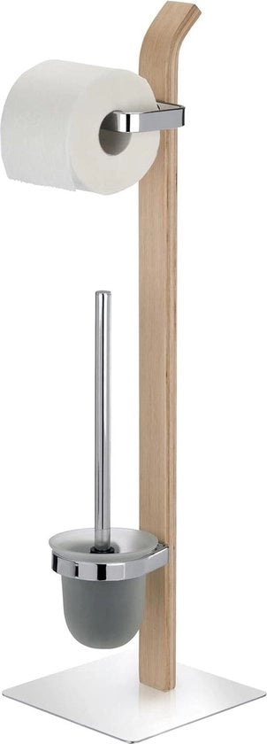 Sistema wc a terra con supporto per spazzola in legno design moderno - inclusa spazzola intercambiabile e accenti cromati - marrone - 20 x 715 x 20 cm