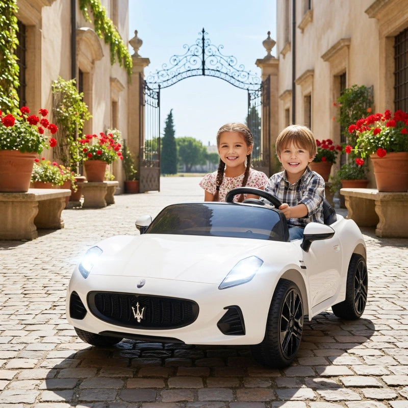 Maserati auto elettrica per bambini, 2 posti, alimentazione a batteria 12V, telecomando, luci a LED, funzione musicale, bianca