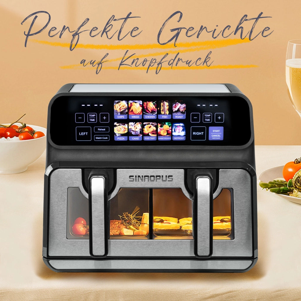 Friggitrice ad aria a doppia camera da 9 litri ¨C Potenza elevata di 2200 W, finestra di visualizzazione, display a LED a colori, cestelli singoli e do