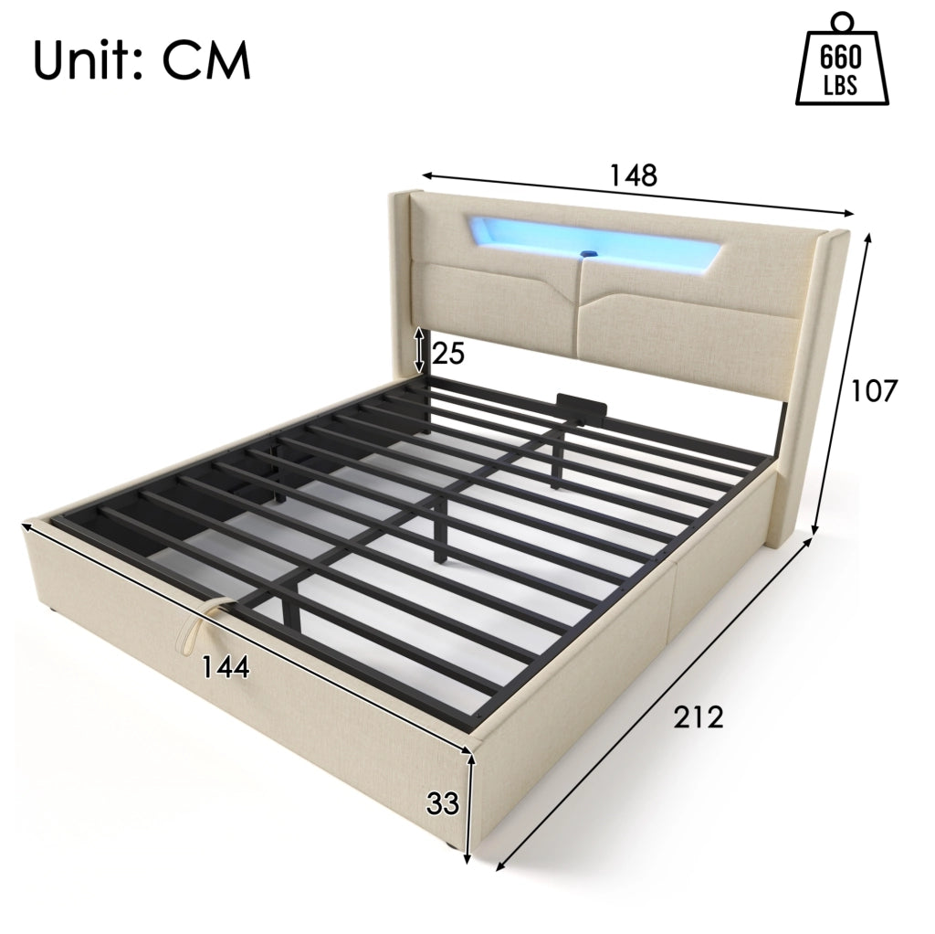 Letto imbottito 140x200 cm beige con LED, USB/Type-C, vano contenitore e materasso H3