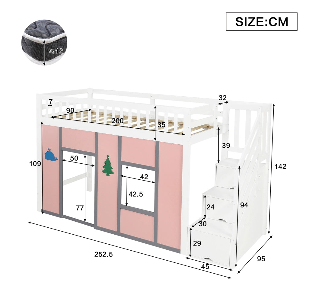 Letto a semisoppalco 90x200 cm con scala contenitore e LED in legno e MDF bianco e rosa