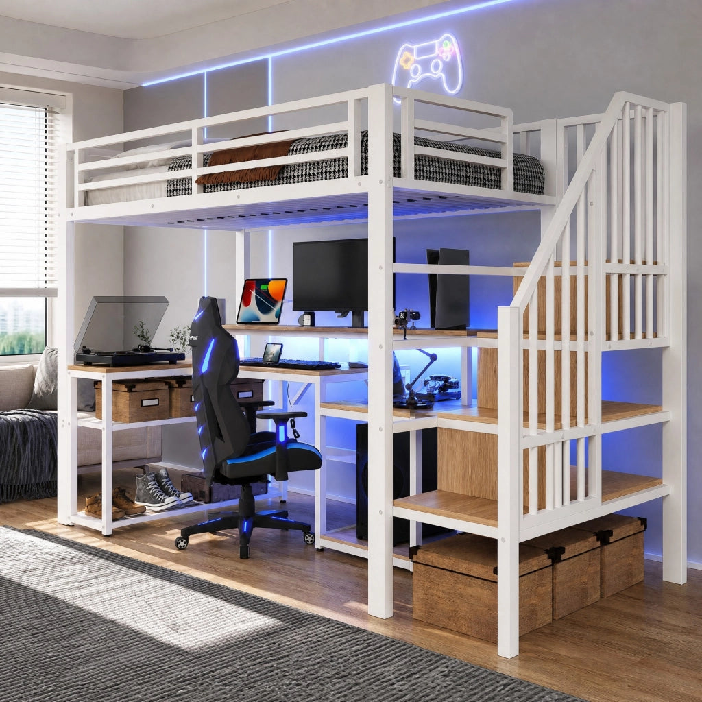 Letto a soppalco 90x200 cm in metallo e MDF; con scrivania; LED e USB; bianco