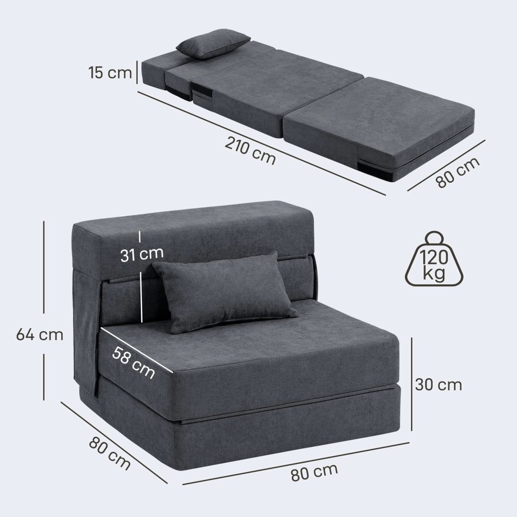 Poltrona Letto Pieghevole Convertibile in Chaise Longue 80x80x64 cm con Materasso in Velluto Grigio Scuro