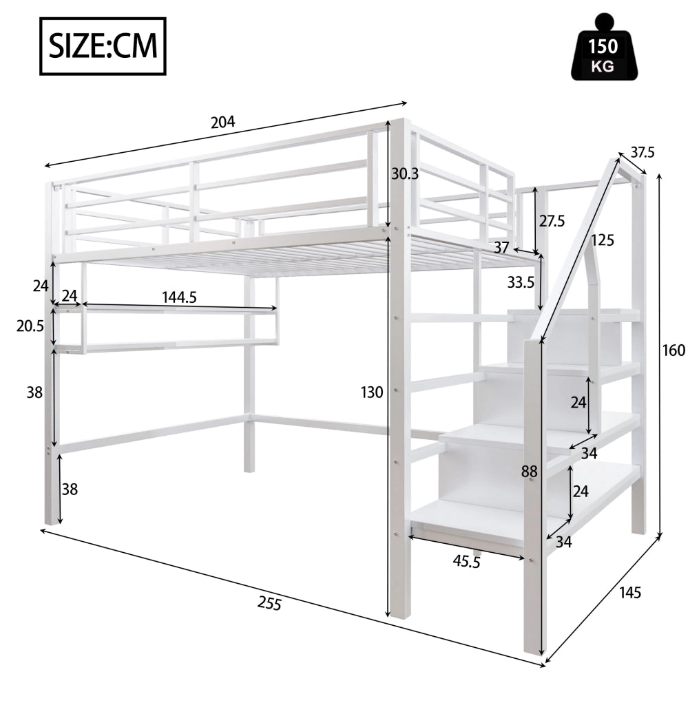 Letto a soppalco per bambini 140x200 cm bianco con scaffali e scala contenitore