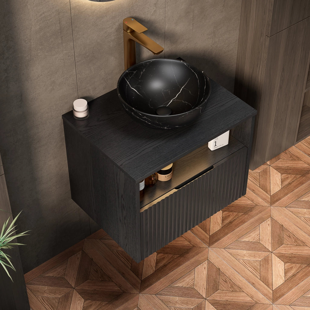 Mobile bagno sospeso con 1 cassetto e 1 vano aperto; lavabo in ceramica e luce LED con sensore; 60×46×60.8 cm