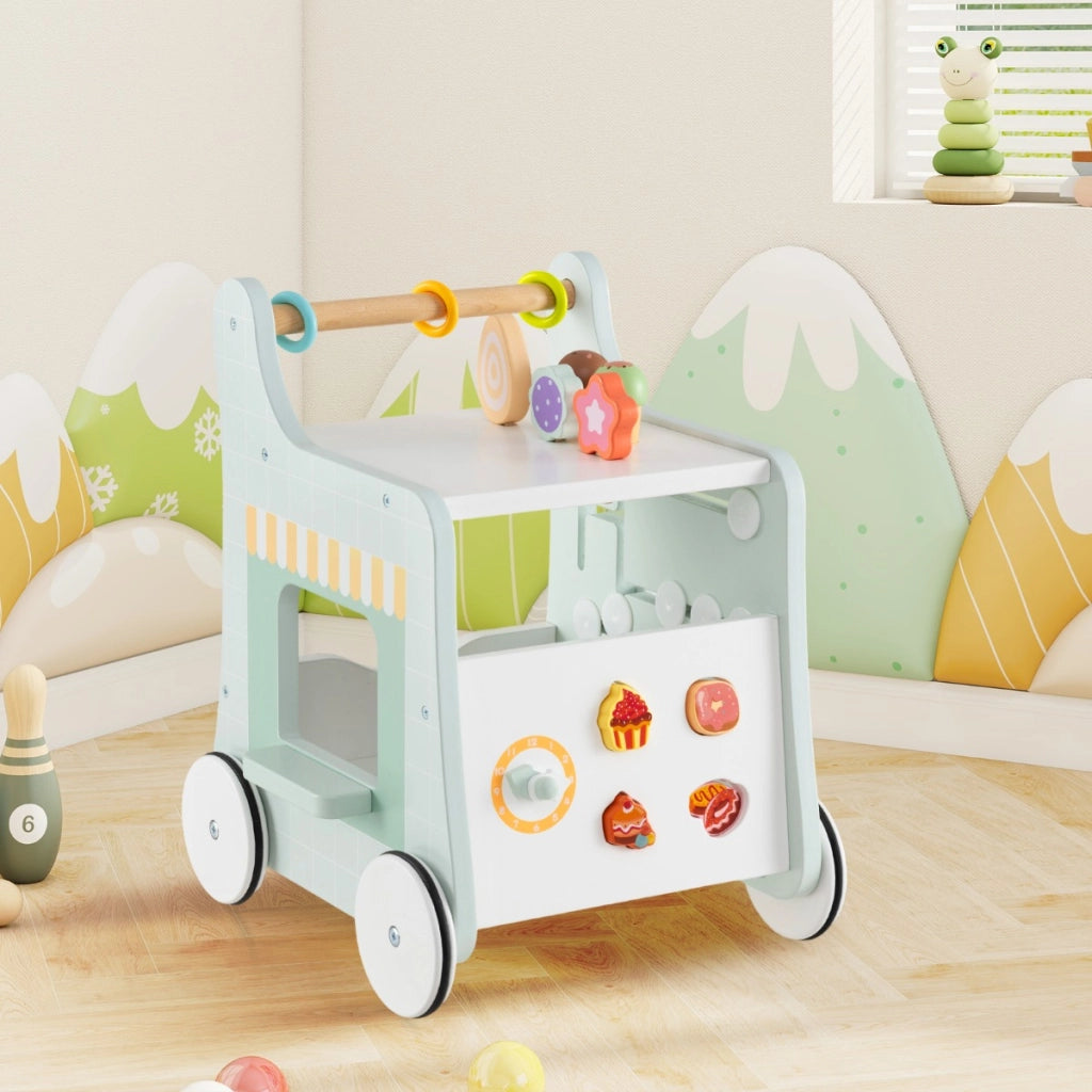 Carrello primi passi in legno con spazio di archiviazione, Carrello primi passi di dolci con gelati Verde chiaro-Primi passi