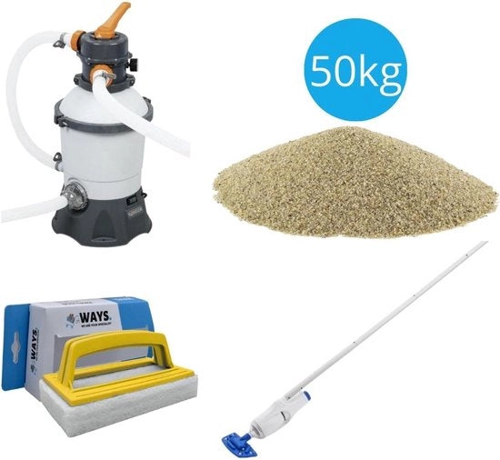 Pompa per filtro sabbioso 3028 L/u & Sacco di sabbia per filtro 50 kg & Spazzola per pulizia WAYS