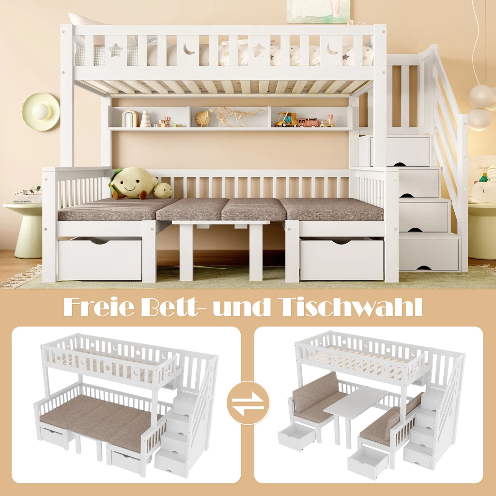Letto a castello bianco in pino con funzione letto e scrivania 90x200 cm