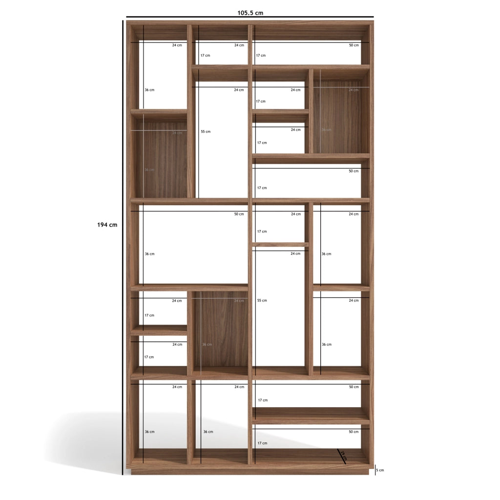 Libreria asimmetrica Herdasa 21 vani effetto finitura noce