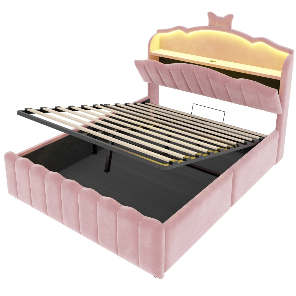 Letto per bambini imbottito 140x200 cm rosa con contenitore idraulico, testiera con LED RGB, USB e vani portaoggetti