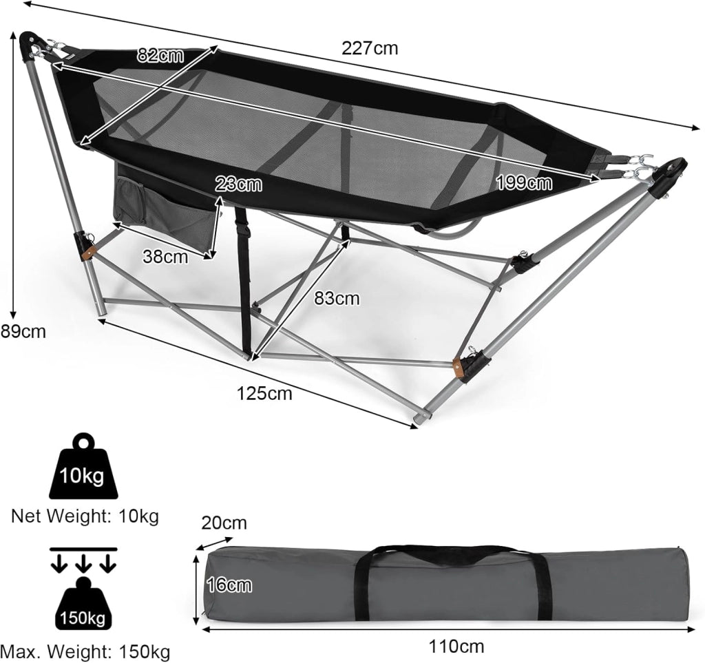 Amaca da giardino con supporto pieghevole in metallo, sedia amaca portatile in tessuto a rete, letto da campeggio con borsa da trasporto, lettino con carico 150 kg, 227 x 82 x 89 cm (Nero)