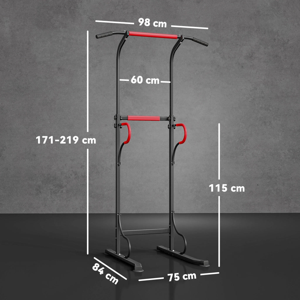 Power Tower Dip Station, Barra per Trazioni Power Tower Stazione Fitness Multifunzione con Altezza Regolabile 171-219cm, Nero Rosso