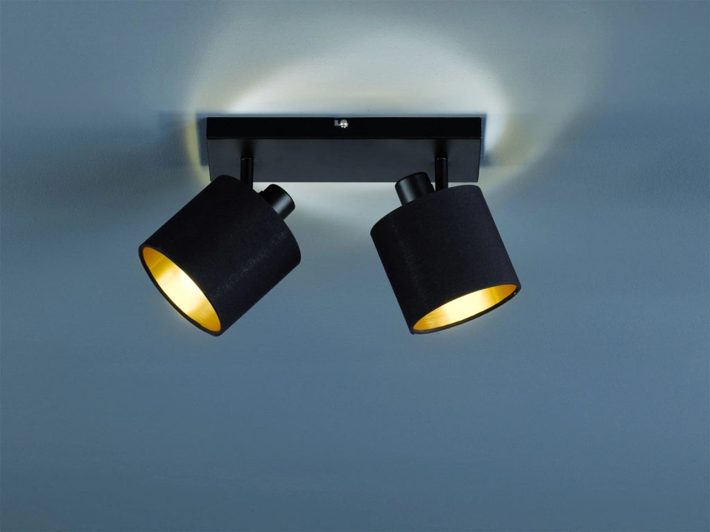 TOMMY BARRA 2 SPOTS CON DIFFUSORI PARALUMI NERI E ORO BASE METALLO NERO OPACO L.28CM 2 LUCI ATTACCO E14