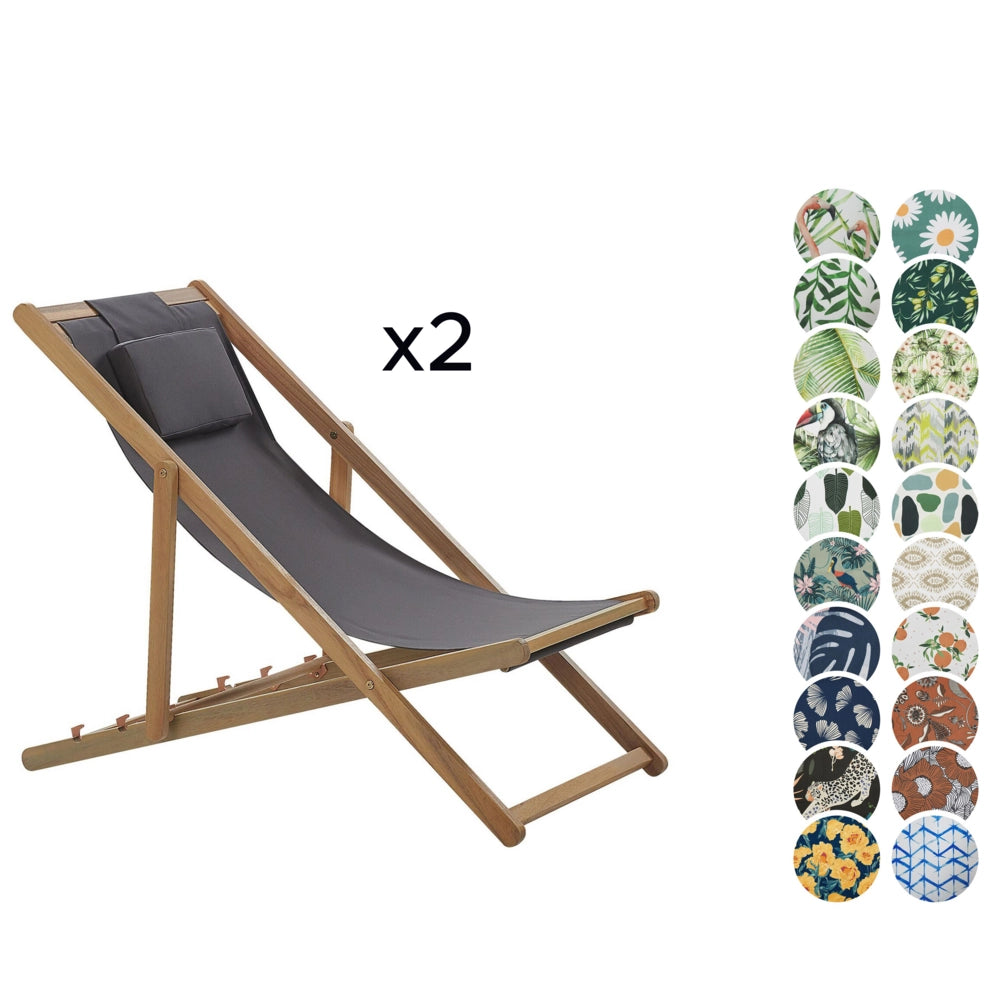 Set di 2 Sedie a Sdraio Giardino in Legno D'acacia Chiaro con 2 Federe in Tessuto sedile reclinabile pieghevole struttura