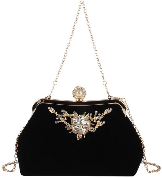 Borse da sera per donne con decorazioni in strass, borsa da matrimonio, borsa a tracolla, portafoglio per gala, nera