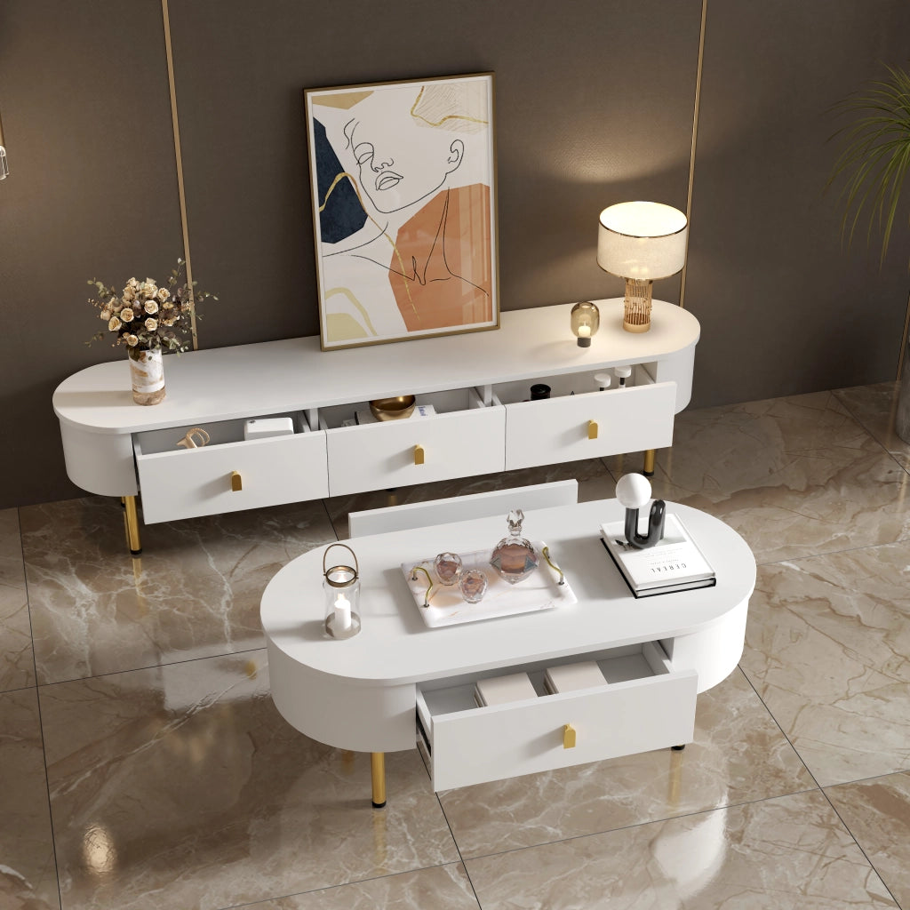 Set Mobile TV e Tavolino da Caff?? con 4 Cassetti; Bordi Arrotondati; per Soggiorno Moderno; MDF; Bianco
