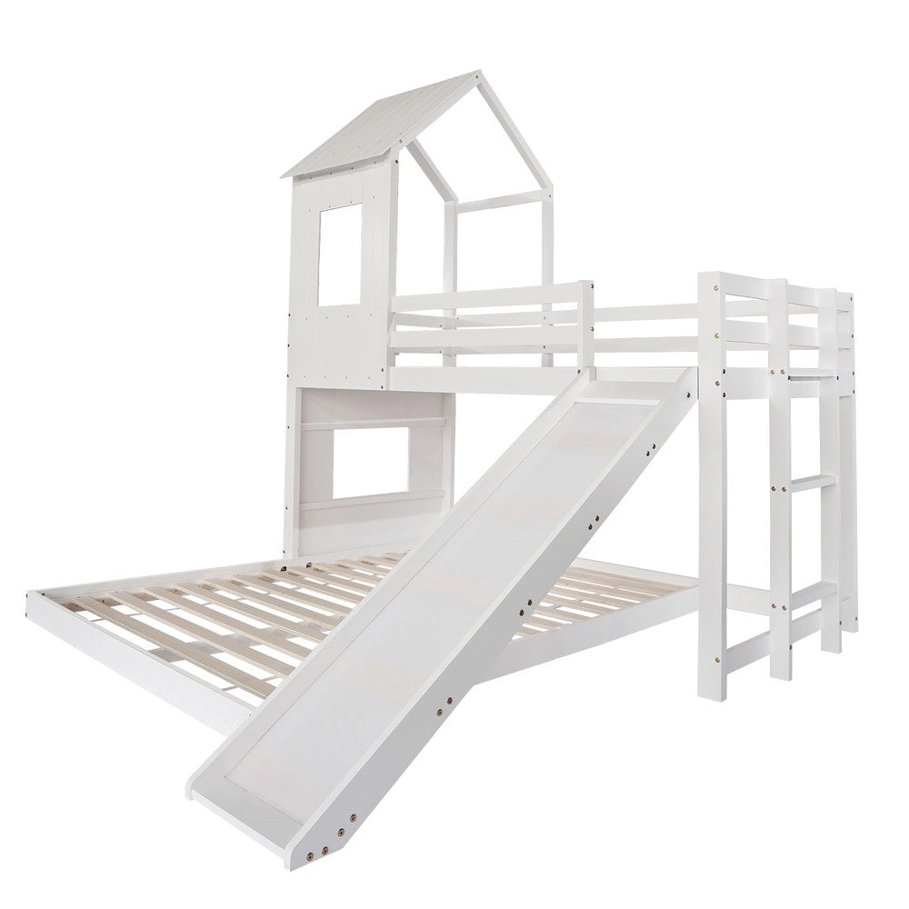Letto a Castello con Scivolo e Tetto ¨C MINIMAL ¨C Pino/MDF, Bianco, 90x200 / 140x200