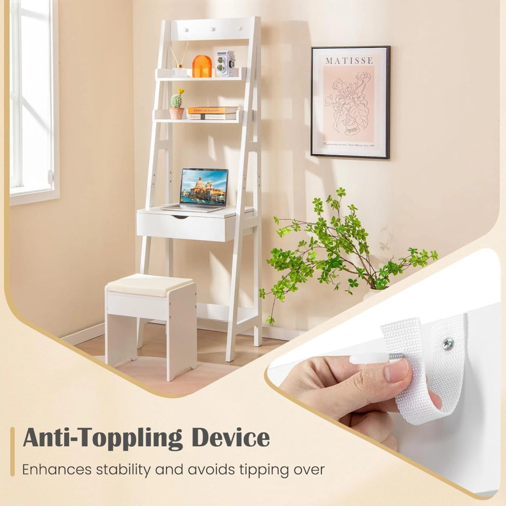 Tavolo da Toeletta con Sgabello con 3 Ganci, Scaffale da Stocaggio per Cosmetici, Set Mobile Camerette con Specchio Apribile, 60x40x180 cm