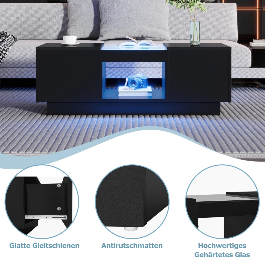 Tavolino da caffè nero LED con 2 cassetti, 100x50x35,5 cm