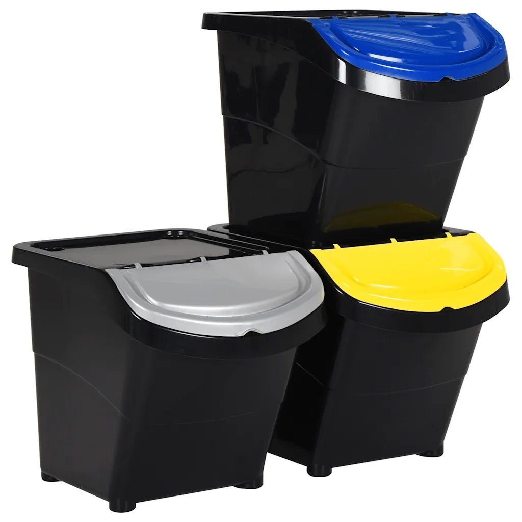 Cestini per Rifiuti Impilabili con Coperchi 3 pz Neri in PP 78 L CFW9040919