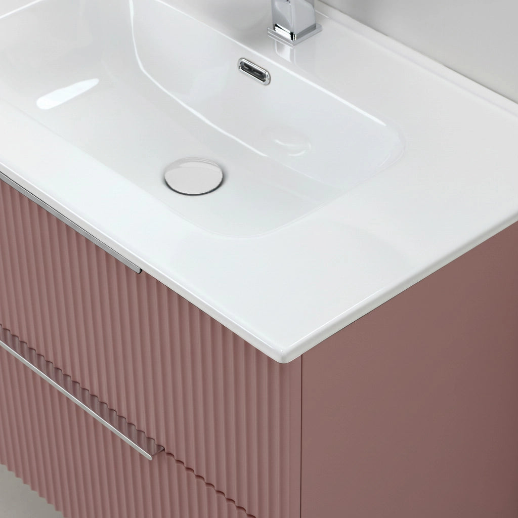 Mobile bagno sospeso 80 cm rosa cannettato con lavabo e specchio tondo Zena