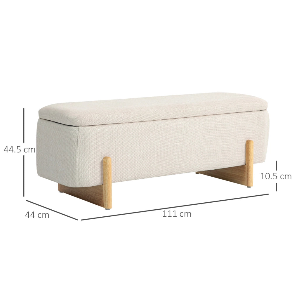 Panca contenitore imbottita beige con gambe in faggio