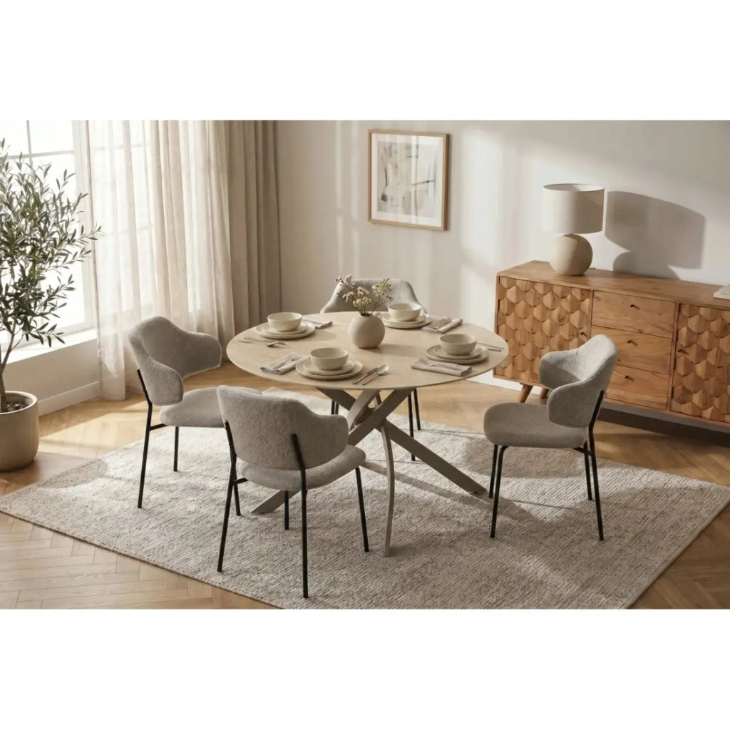 Tavolo da pranzo rotondo ARAVIS 120 cm - Ceramica beige effetto pietra e gambe design marrone