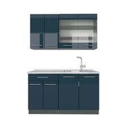Cucina singola Fame-Line Blu scuro lucido/Antracite 140 cm, PL Marmo Vicco