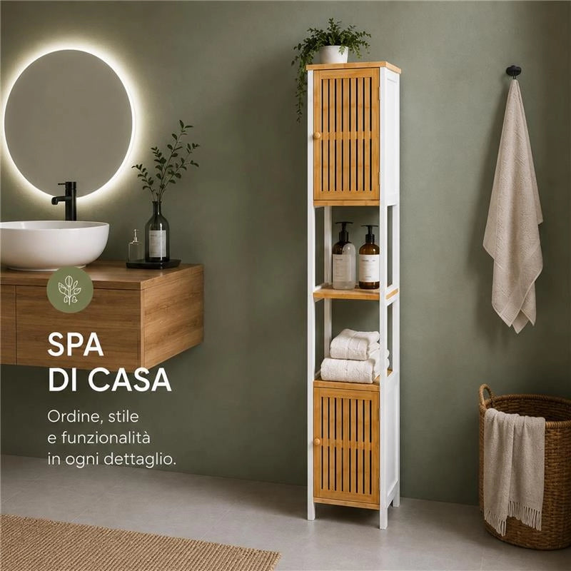 MOBILE DA BAGNO IN LEGNO CON 2 ANTE E RIPIANO IN BAMBOO COLORE BIANCO DIMENSIONI 32X30X173 CM