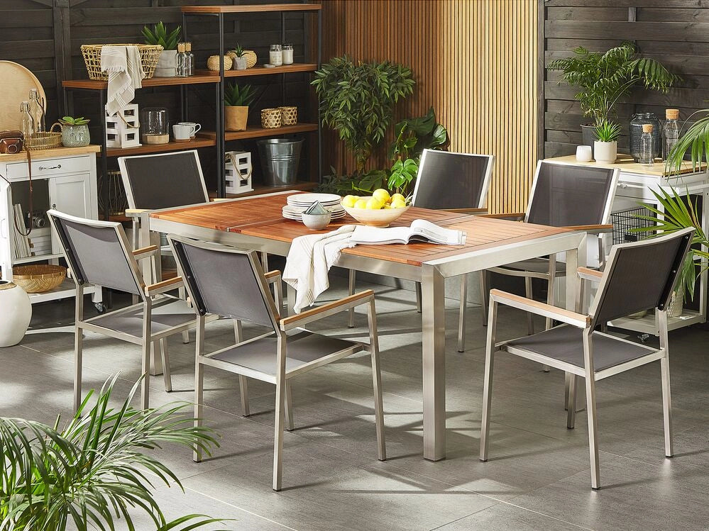 Lampada da tavolo da pranzo da giardino con piano in legno di eucalipto 180 x 90 cm con struttura in acciaio a 6 posti