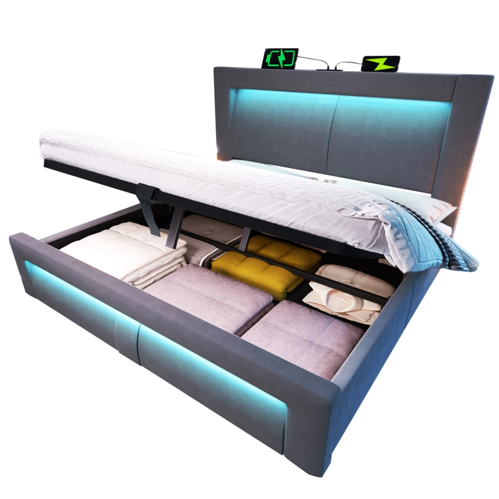 Letto matrimoniale 160x200 cm con contenitore; LED; ricarica USB e Type-C; velluto grigio