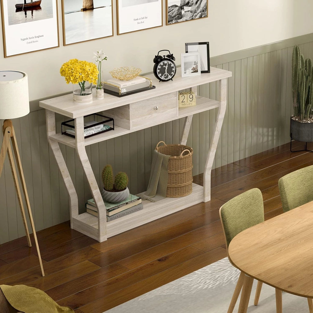Tavolo Consolle Legno, a 3 Ripiani, Stretto e Compatto, Cassetto con Manico, Console per Soggiorno, Salotto, Ingresso, Portata di 60 kg, 120x30x81cm, 3 Colori (Grigio)